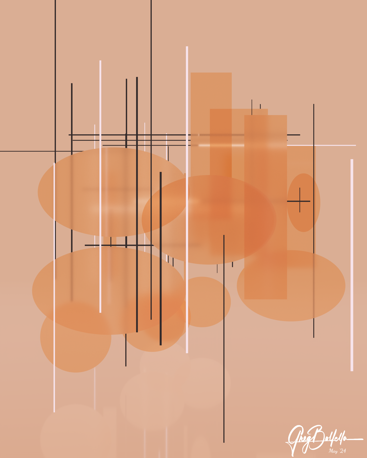 "Peach Fuzz Reverie" invites you into a world of abstract elegance where warm orange tones and dynamic shapes come together in harmonious synergy. This captivating 3D artwork is a carefully curated composition, marked by its daring blend of translucent ovals and rectangles that overlap to form a visually rich tapestry.