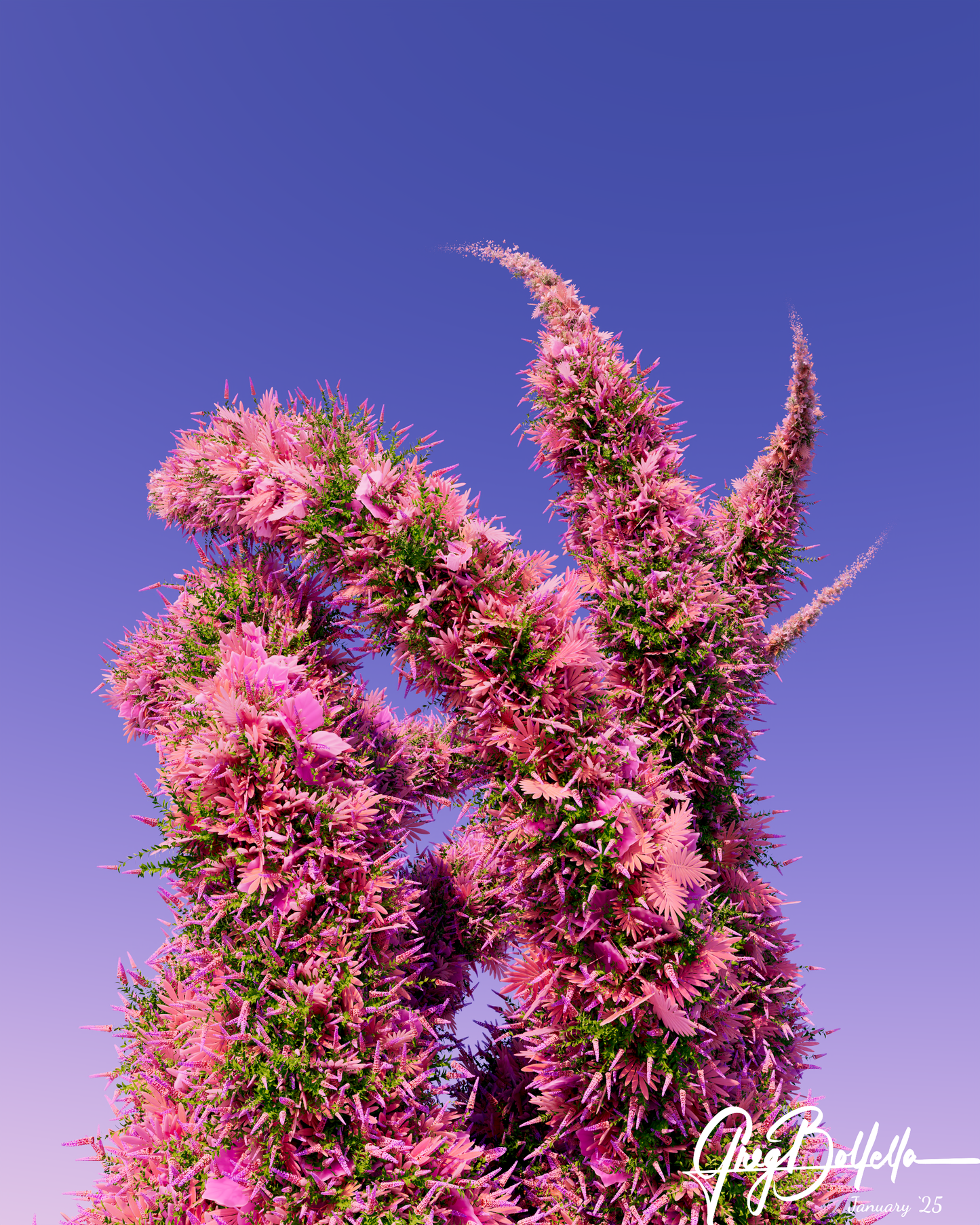 Introducing "Bursting Joy," a remarkable digital creation that exudes a sense of movement and boundless happiness. This piece captivates with its vibrant, organically twisting forms, intricately cloaked in lush, textured pink foliage embellished with bursts of green. The forms dance and sway across the canvas with a whimsical flair, creating an interplay of shapes that feels alive and exuberant.