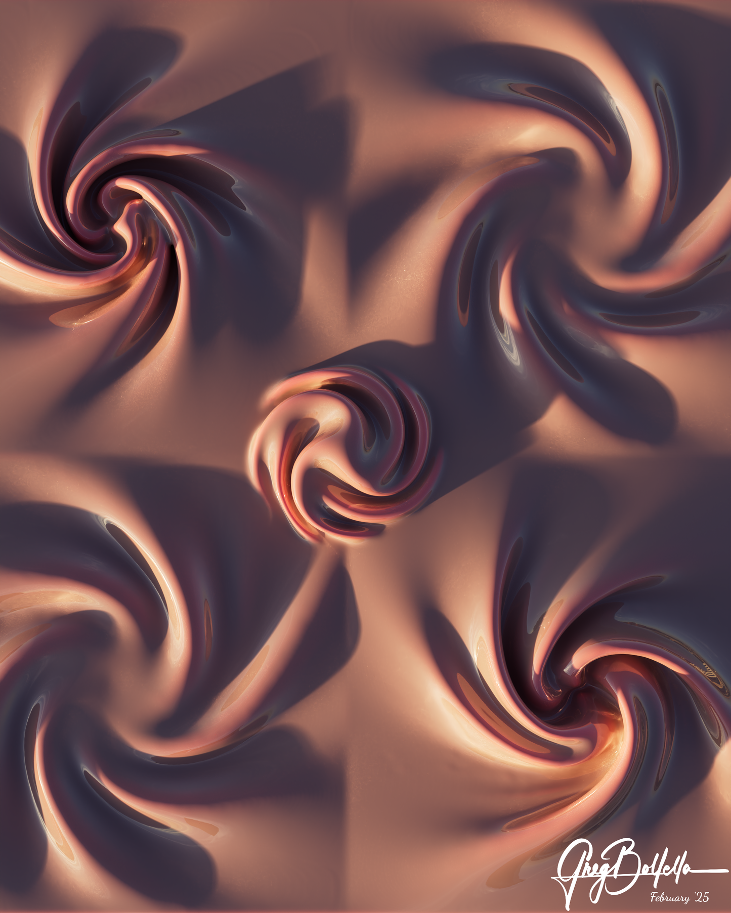 This remarkable piece of fine art features a harmonious grid of stylized vortexes, each exhibiting a glossy metallic finish that shimmers with rich tones of copper, bronze, and subtle hints of pink. The deliberate interplay of light and shadow across these swirling patterns imparts a three-dimensional effect, allowing each vortex to pulse with life and energy.