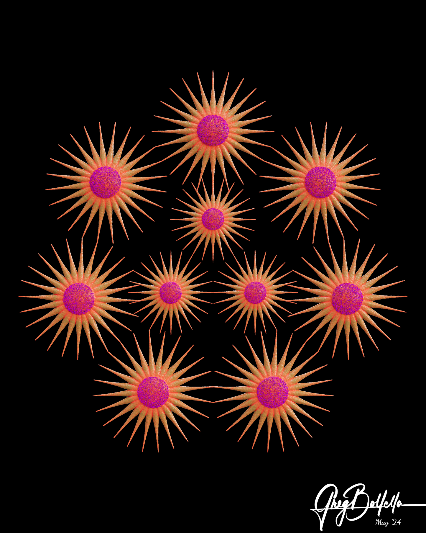 Introducing "Burst," an exhilarating piece that captures the viewer's imagination with its vibrant interplay of color and symmetry. This artwork comprises a striking grid of nine starburst formations, each radiant with a magenta core that pulsates energy and emotion.