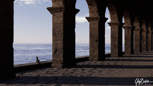 Introducing "Wharf Cat," an enchanting 3D digital artwork that transports you to a serene coastal setting, where light and shadow craft a captivating dance along a stone-laden pathway. A series of meticulously crafted stone arches frame your view, each limestone block deliberately modeled and positioned to create a captivating architectural synergy. 